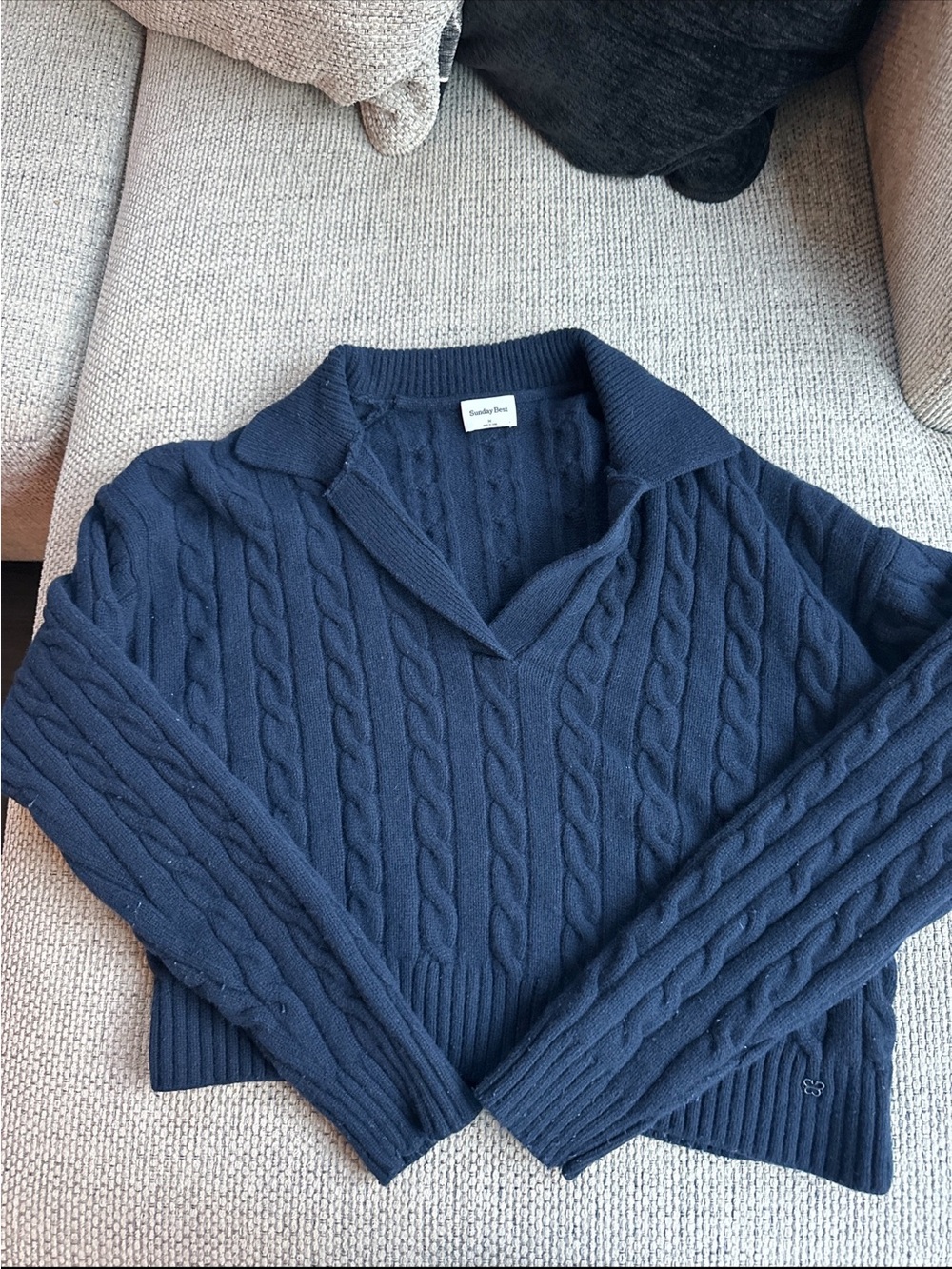 Aritzia Sunday Best Lottie Cable Knit Polo Sweater Navy M Merino